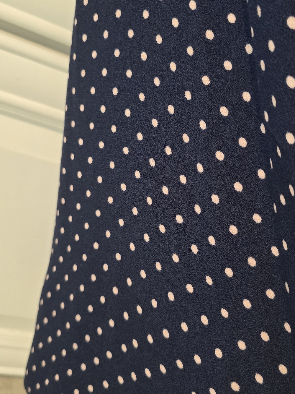 Reformation Navy Skirt with Light Pink Polka Dots